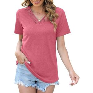 Womens Tops Dressy Casual V Neck Short Sleeve Lace Splice T Shirts Cute Fashion Clothes 2025 M 