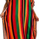 Chunoy Women V Neck Kaftan Casual Bathing Suit Kimono Sleeve Side Split Beach Cover Up Caftan Dress (One Size, Multicolor Stripes)
