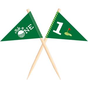 VOWFOO Golf Themed Toothpick Flags, 20 PCS Hole In One 1st Birthday Golf Cocktail Picks Mini Stick Cupcake Toppers Flags for Baby 1st Birthday Party Food Bar Decorations (Hole In 1)