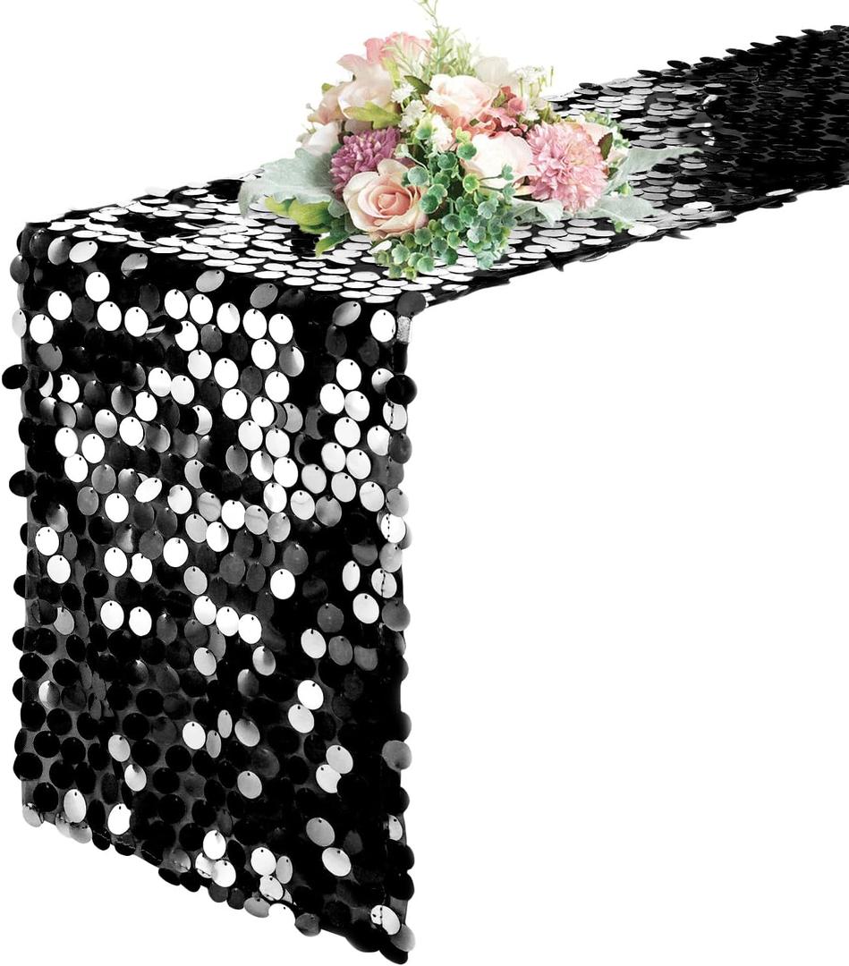Pufogu 12 "x 108" Sequin Table Runner, Black Glitter Premium Big Sequin Table Runner, Rectangle Table Runners for Halloween, Christmas, Wedding Party, Birthday Party, Banquet Decor (1 Pack).