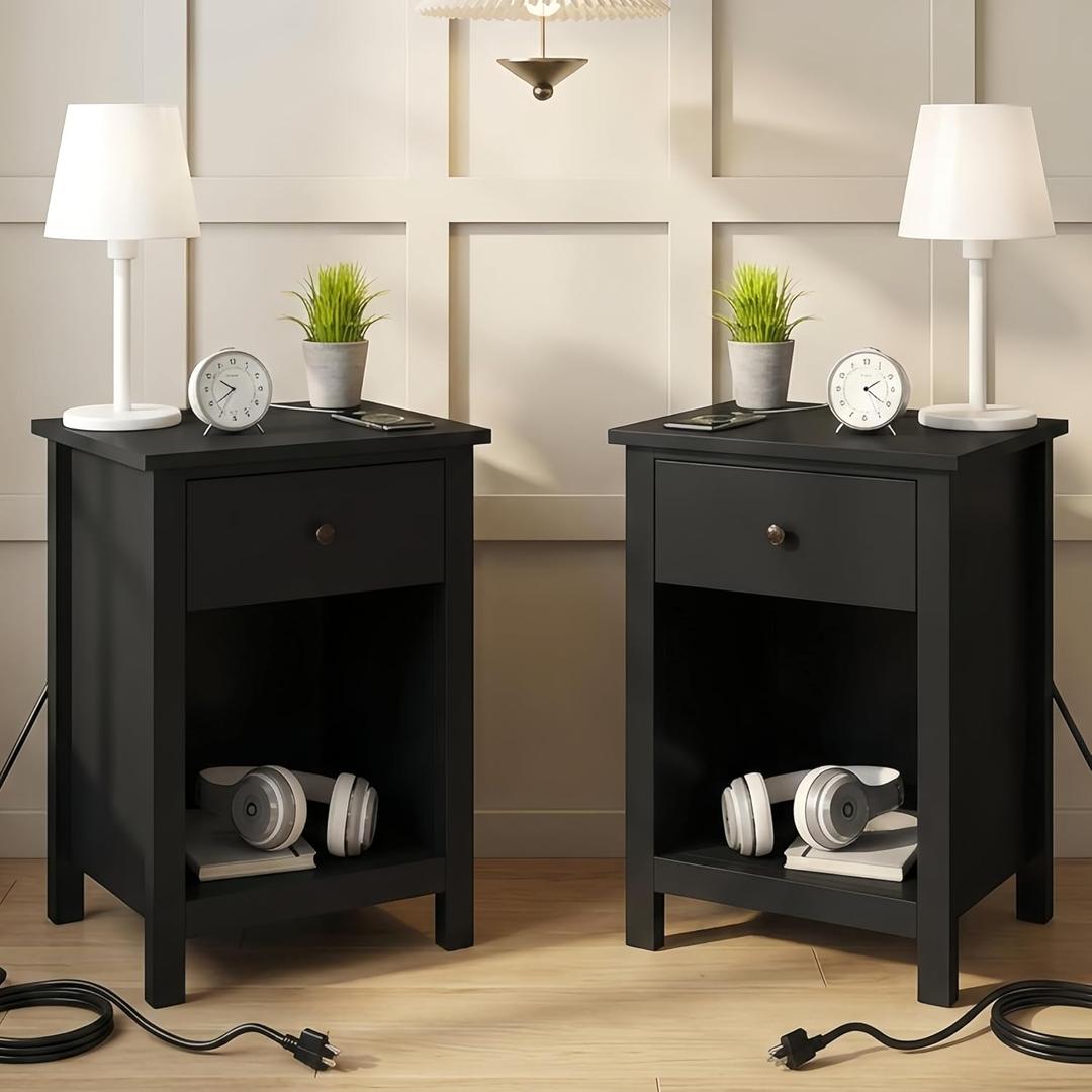 ChooChoo Black Nightstand Set of 2,Night Stand with Charging Station, Wooden Top Bedside End Table with Drawer and Storage Space for Bedroom, 2 pack