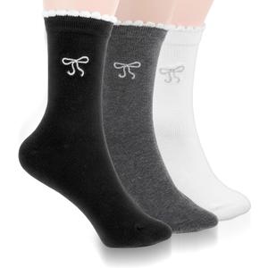3 Pairs Charm Bow Sock Cute Crew Socks, Casual Dress Ruffle Aesthetic Fashion Women Socks Breathable Kawaii Princess Cotton Bowknot Calf Novelty Socks