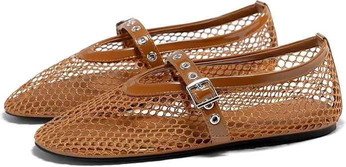Coutgo Womens Mesh Ballet Flats Mary Jane Fishnet Ballerina Buckle Strap Comfortable Causal Dress Shoes 8