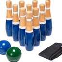 HEY! PLAY! 13-Piece Wood Bowling Set - Indoor/Outdoor Bowling Game for Adults and Kids Ages 3 and Up - 10 Wood Pins, 2 Balls, and Carrying Bag (Blue)