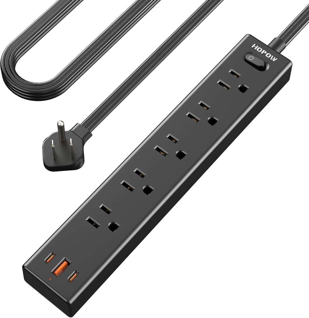 5Ft Extension Cord with Multiple Outlets, HOPOW Flat Plug Power Strip Surge Protector, 5 Outlets & 3 USB Ports (2 USB C), 1700 Joules, Wall Mount, Charging Station for Home Office Dorm, Black