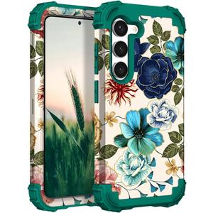 Hocase for Galaxy S24 Plus Case, Shockproof Heavy Duty Protection Soft Silicone Rubber Bumper+Hard Plastic Hybrid Protective Case for Samsung Galaxy S24 Plus (6.7") 2024 - Teal Flowers