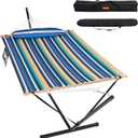 Lazy Daze Hammocks 2 Person Portable Hammock with 12FT Stand for Outside, 10.5FT Quilted Double Hammock with Spreader Bar and Detachable Pillow, 450lbs Capacity for Outdoor Patio, Beach Stripes