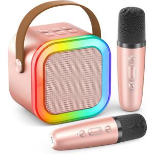 Mini Karaoke Machine for Kids Adults, 2025 TOP Christmas Birthday Gifts for Girls 3,4,5,6,7,8+Year Old Toddler Toys,Portable Bluetooth Speaker with 2 Wireless Karaoke Microphones Player(Rose)