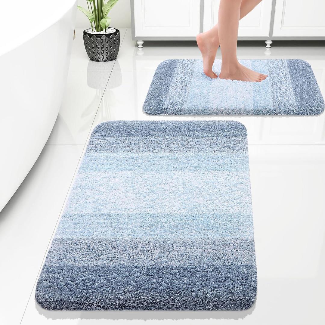 OLANLY Bathroom Rug Set 2 Piece, Soft Absorbent Microfiber Bath Rug Set, Non-Slip, Machine Wash Dry, Plush Shaggy Bath Mats for Bathroom (30"x20"+24"x16", Blue)