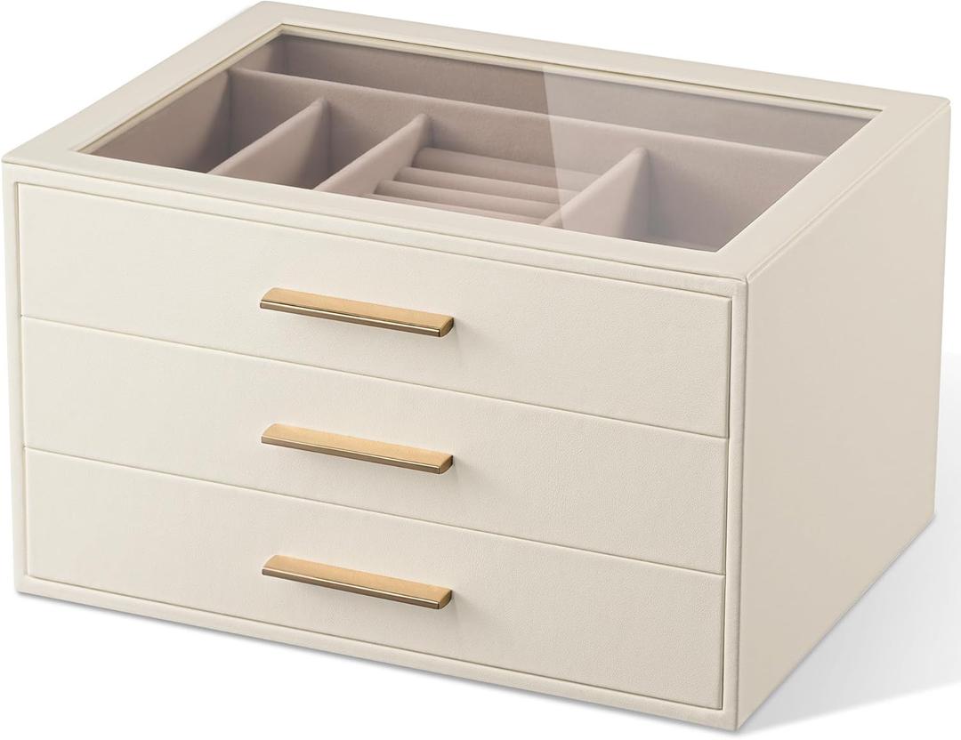 pickpiff Jewelry Box Organizer Case for Women: 3-Layer Jewelry Storage Case with Glass Window, Ivory Leather with Pink Velvet, Holder for Ring Necklace Bracelet Brooch Watch, Great Gift for Her (White)