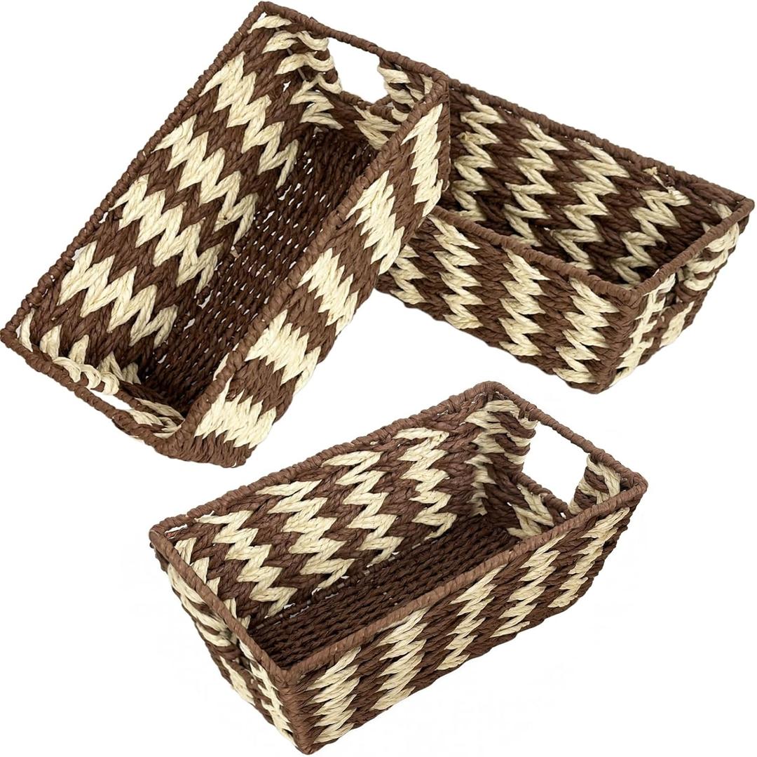 Paper Rope Storage Baskets for Shelves Organizing, Small Hand Woven Wicker Organizer Basket with Handle for Bathroom Toilet Paper Storage, Beige and Brown, 3-Pack