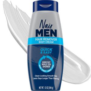 Nair Men Hair Remover Body Cream, Quick and Easy Body Hair Removal Cream for Men, Aloe and Lanolin, Dermatologist Tested, 12 Oz