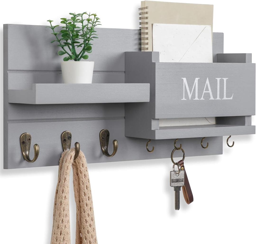 Mail Organizer for Wall Mount  Key Holder with Shelf Includes Letter Holder and Hooks for Hallway Farmhouse Decor  Rustic Wood with Flush Mounting Hardware (16.5 x 9.1 x 3.4) (Gray)