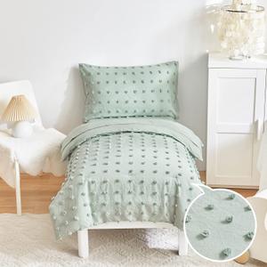 4 Piece Tufted Dots Toddler Bedding Set Solid Green Jacquard Pom Pom Tufts, Soft and Embroidery Shabby Chic Boho Design for Baby Boys Girls, Includes Comforter, Flat Sheet, Fitted Sheet and Pillowcase, Sage Green 