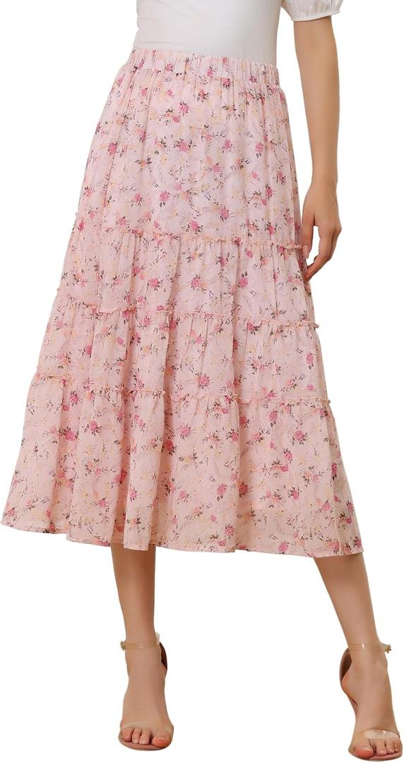Allegra K Women's Floral Long Skirts Elastic Waist Tiered Ruffle Boho Midi Skirt Medium Pink