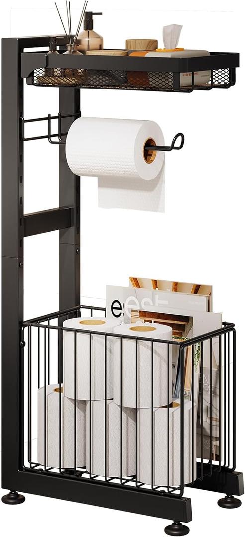 Toilet Paper Holder Stand with Storage Shelf - Multi Tier Metal Toilet Paper Stand with Large Basket for Tissue Rolls, Wipes, Magazines, Sturdy Standing Organizer for Bathroom, Toilet (Black)