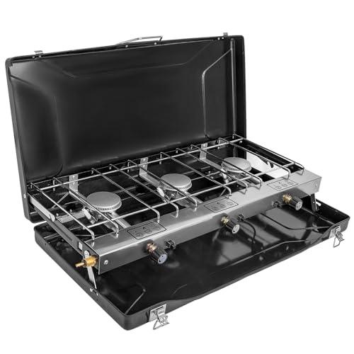 Amazon.com: FineFlame Camping Stove, 3 Burner Propane Portable Camp Stove with Regulator, Push-Button Instant Ignition, Portable Camp Grill, Adjustable Burners for Car Camping Outdoor Cooking (BLACK-19800 BTUs) : Sports & Outdoors