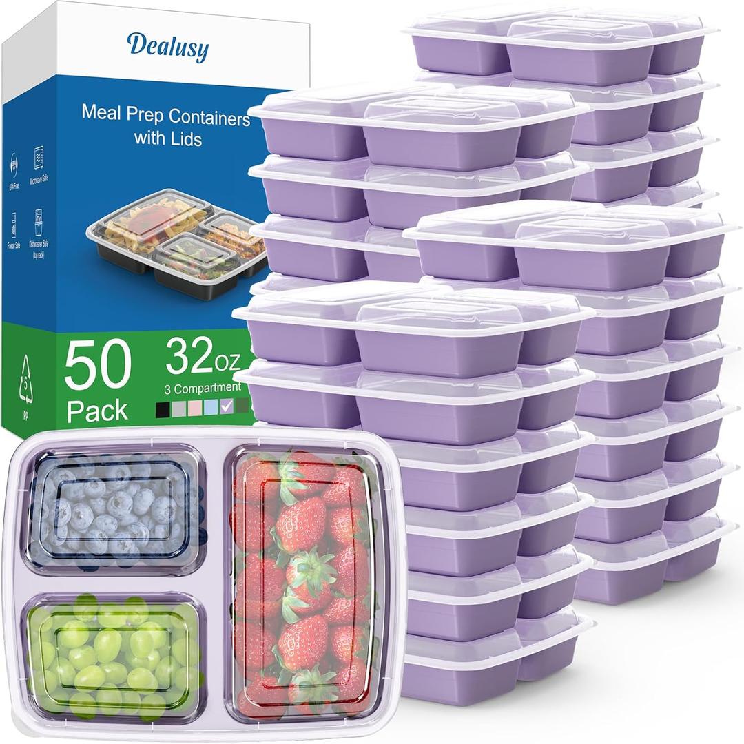 50 Pack (100-Piece) 32 oz Meal Prep Containers Reusable with Lids 3-Compartment, To Go Take Out Plastic Food Storage Containers, Sturdy Leakproof Food Safe, Microwave Freezer Dishwasher Safe, Lilac