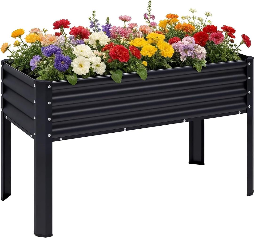 Galvanized Raised Garden Bed with Legs, 482432in Large Metal Elevated Raised Planter Box with Drainage Holes for Backyard, Patio, Balcony, 400lb Capacity,Black