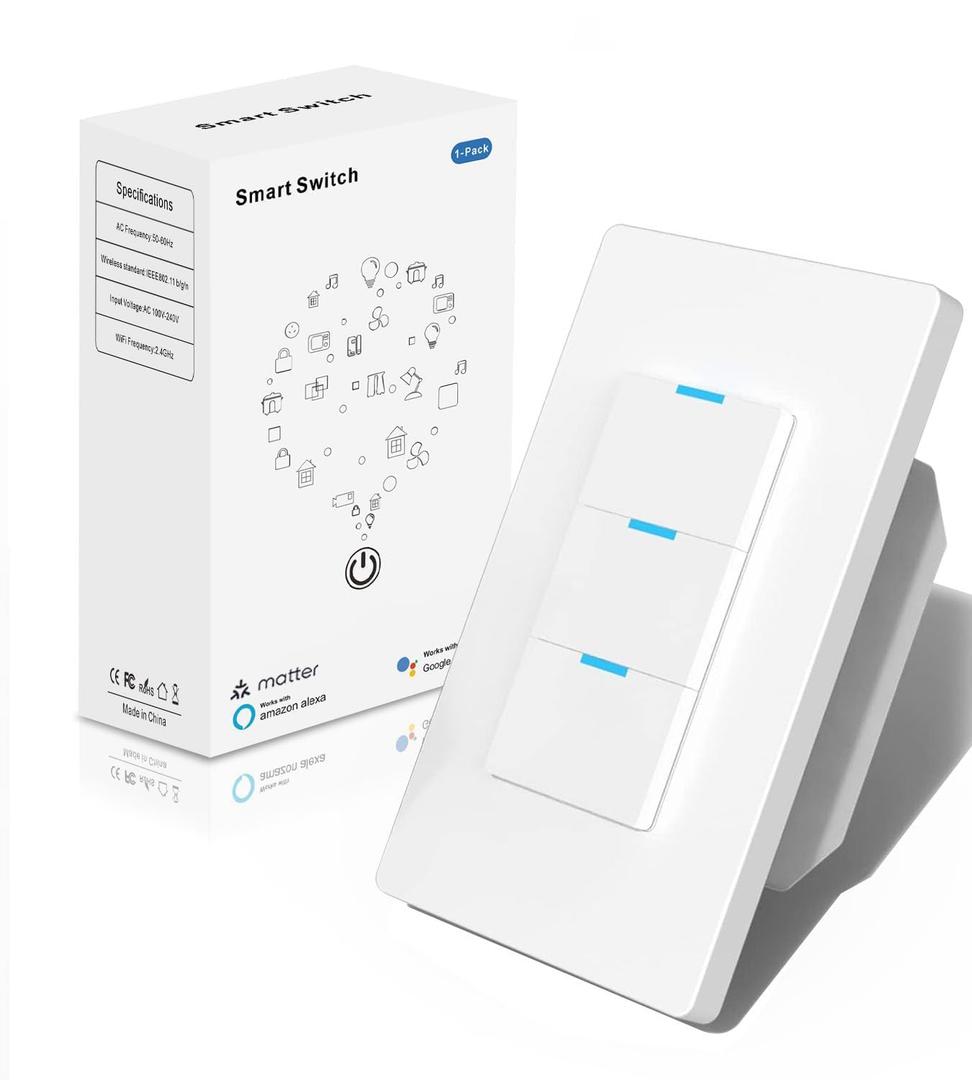 Tuya Matter Smart Switch Triple 3-Gang - Tuya WiFi & Bluetooth - Compatible Apple Home/Siri, Alexa, Google Home - Needs Neutral - 10A