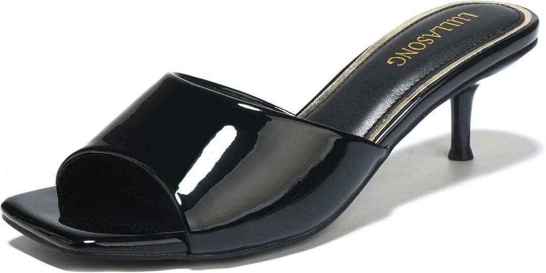 Women's Kitten Heels Sandals Low Heels Slip On Slides 2 Inch Heeled Square Open Toe Sandals for Women (7, Black)