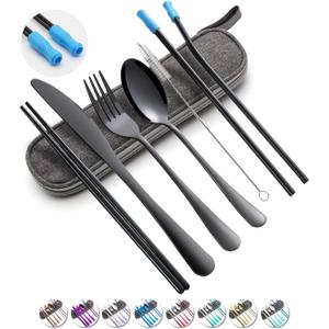 Travel Utensils Set with Case Reusable Portable Cutlery Set Stainless Steel 8pcs Including Dinner Knife Fork Spoon Chopsticks straws(Black)