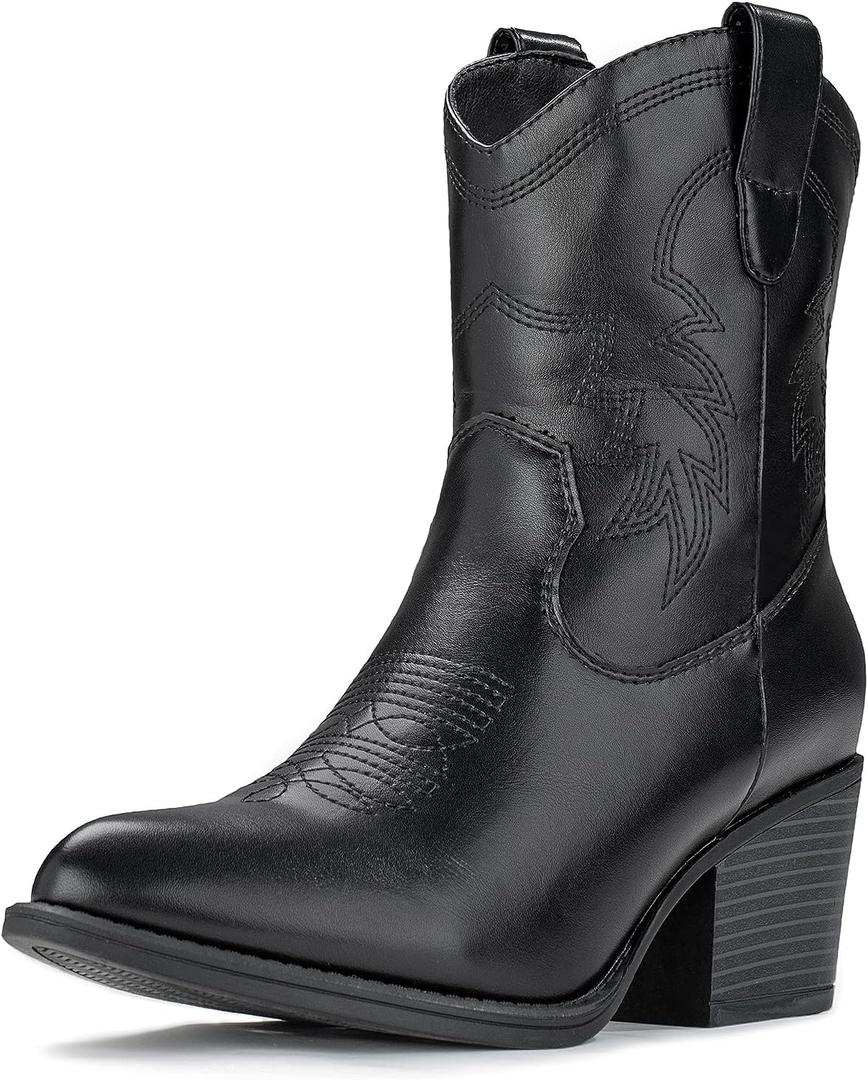 IXU Cowboy Boots for Women Ankle Cowgirl Booties Wide Mid Calf Pointed Toe Western Boots Short Chunky Classic Booties (7, Black)