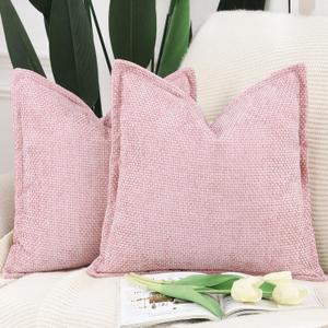 MADIZZ Chenille Velvet Throw Pillow Covers with Flange Set of 2 Super Soft Boho Textured Pillow Covers Decorative Throw Pillowcases Modern Farmhouse Home Decor for Sofa Bedroom Pink 24x24 Inch
