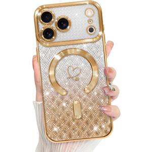 Bonoma Compatible with iPhone 17 Pro Case 2025 Support for MagSafe, Plating Heart Glitter Magnetic Checkered Case TPU Camera Protection Back Cover for Girls Women -Gold