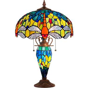 Capulina Tiffany Lamp Blue Red Dragonfly Stained Glass Table Lamp 3-Light