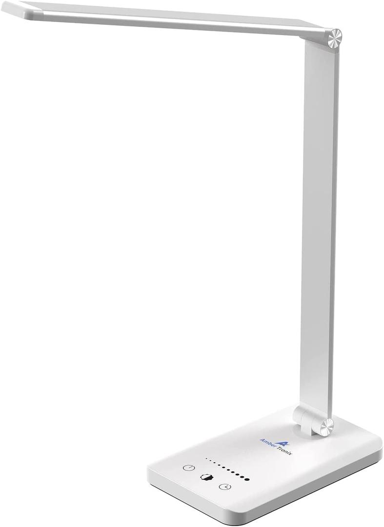 Ambertronix LED Desk Lamp with USB Charging Port, Dimmable Eye-Caring Reading Desk Light for Home, with 5 Brightness Level & 3 Lighting Modes, Touch Control, Auto Timer (White)