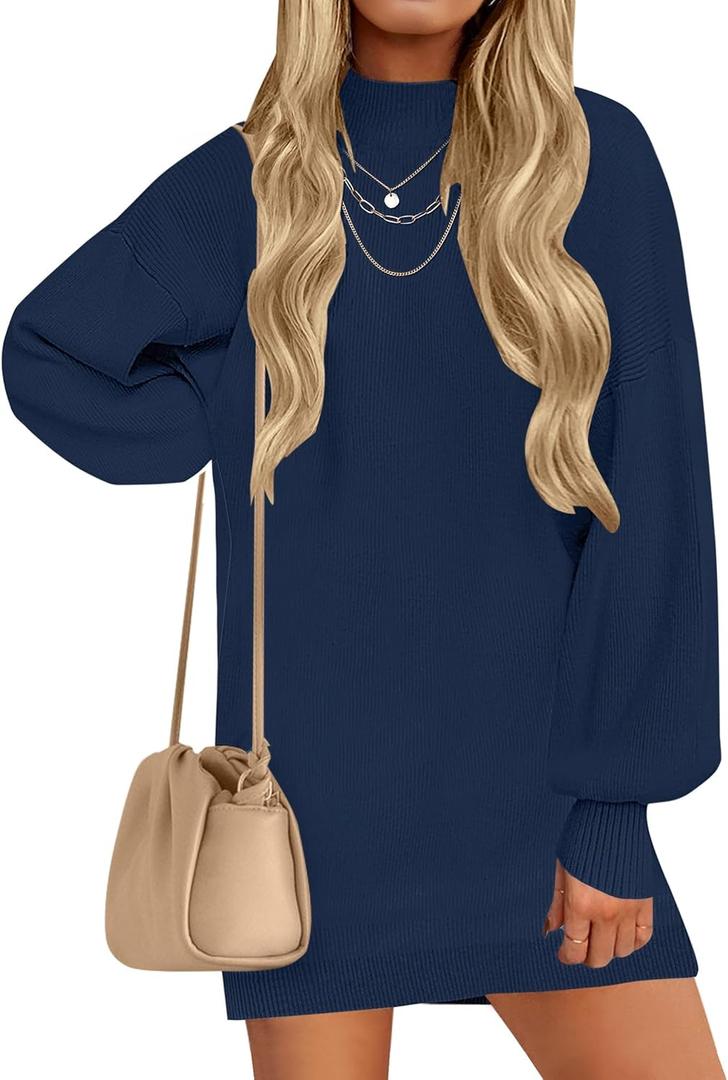 ZESICA Women's 2025 Fall Turtleneck Sweater Dress Oversized Long Lantern Sleeve Casual Knit Pullover Mini Dresses Navy Small