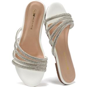 Women's Sandals Rhinestone Strappy Slides With Soft Memory Foam Insole, Dressy Open Toe Beach Slippers Flats for Summer (8, White)