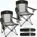 2 Pack Camping Chairs for Adults,Oversized Mesh Back Lawn Chair with Cup Holder, Side Pocket&Bag for Outdoor,Beach,Picnic,Fishing,and Sports,Breathable,Heavy Duty,Black