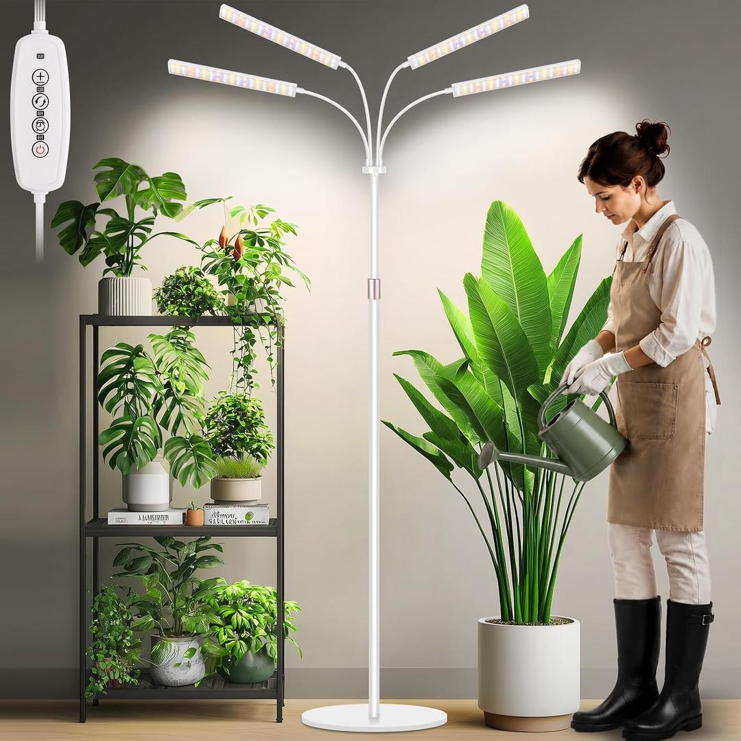 LBW Grow Lights for Indoor Plants, 75" Tall Full Spectrum Plant Grow Light | 228 LEDs Full Spectrum Grow Light with Stand, 6/8/12/16H Timer, 3 Color Modes, 360Flexible Gooseneck, 4 Heads, White