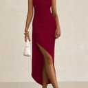 PRETTYGARDEN Women's Ruched Bodycon Dresses Summer Off Shoulder Asymmetrical High Split Elegant Cocktail Party Dress (Red, Large)