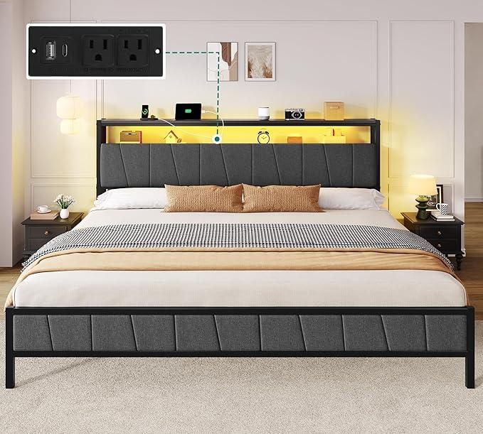 DWVO King Size Bed Frame with Storage Headboard, LED Upholstered Platform Bed with Charging Station, Heavy-Duty Metal Slats, No Box Spring Needed, Easy Assembly