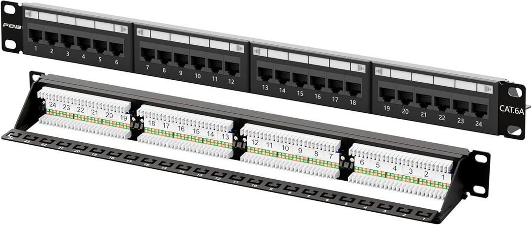 FGB 10Gbps Cat6A Patch Panel, 24-Port RJ45 Ethernet Patch Panel for 19" Rackmount or Wall Mount, 1U Network Panel for Gigabit Networks