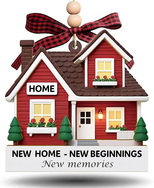 New Home Ornament – Red Wooden Housewarming Gift for Couples, Friends & New Homeowners – “New Home New Beginning” Wooden Home Decor 2 Pack