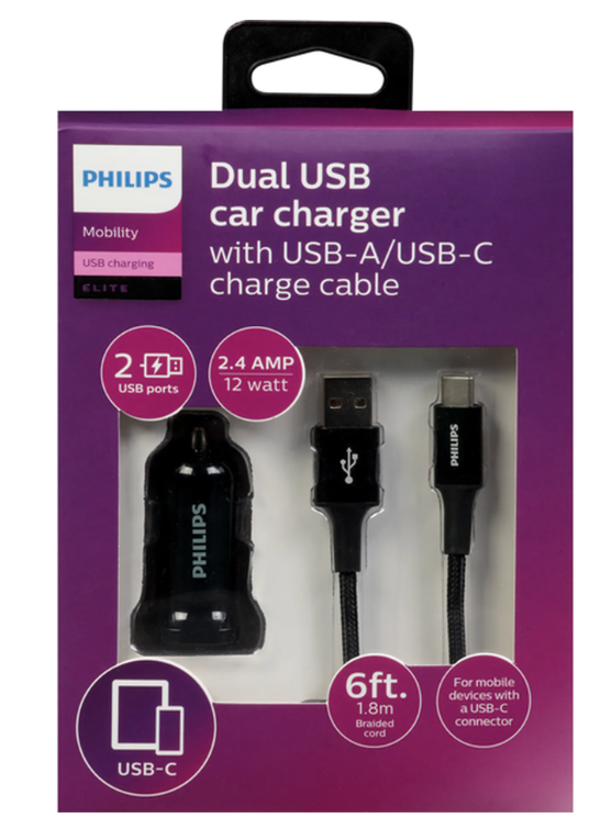 Phillips Dual USB Car Charger With USB A/USB C Charge Cable