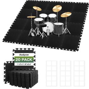 20 Pcs 11x 11 x 0.4 inches Sound Absorbing Interlocking Floor Mats, High Density Non-Slip Anti Vibration Sound proof Pads Acoustic Blankets for Drum Set,Thick Piano Carpet Drum Rug for Music Studio
