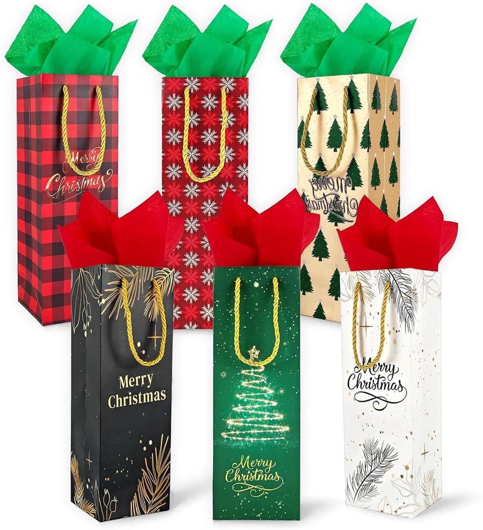 EQOREIIN 6 Pack Christmas Wine Gift Bags with Tissue Paper, Holiday Wine Bottles Wrap Bags with Handles for Party Favor Decoration, Winter Weddings, Liquor Lovers and Drinkers Gift Presents