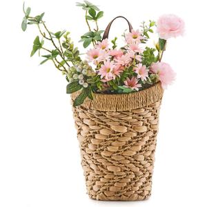 Handwoven Front Door Basket Water Hyacinth Wall Hanging Basket Decorative Boho Mounted Organizer for Dried Flower Plants Storage Basket for Garden, Home, and Farmhouse Dcor