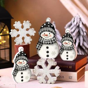 Yousoontic 5 Pcs Winter Table Decorations Wooden Snowman Black and White Snowman Snowflake Tiered Tray Decor Christmas Table Centerpiece Snowflake Signs Winter Decorations for Home Kitchen Office