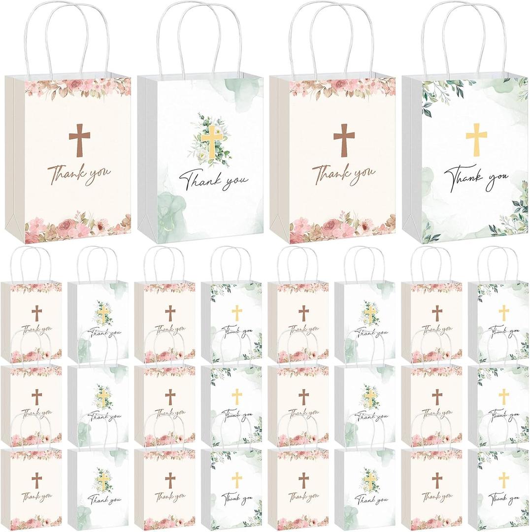 Spiareal 24 Pcs First Communion Party Favors Baptism Gift Bags 8.3" Christian Thank You Paper Bags with Handles Church Cross Goodie Bag Bulk for First Communion Religious Baby Shower Party Favors