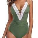 SUUKSESS Women Sexy Lace Plunge V Neck One Piece Swimsuit Monokini Swimwear Tummy Control Bathing Suits (Army Green, XL)