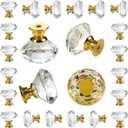 DEELF 24 Packs Crystal Cabinet Knobs Drawer Pulls and Knobs Kitchen Cabinet Knobs Diamond Dresser Knobs Crystal Knobs for Drawers - 40 mm Clear Glass Cabinet Knobs with Gold Base