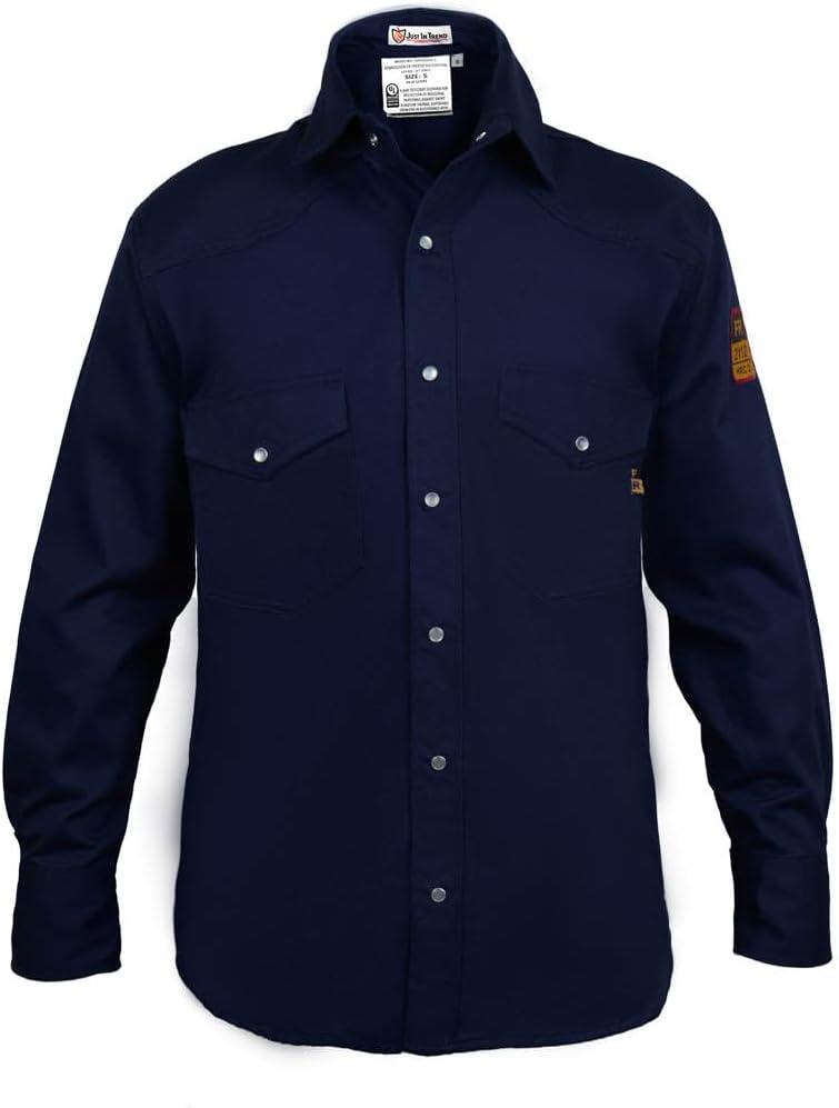 Just In Trend Flame Resistant Light Weight FR Shirt for Men - 88% Cotton, 12% Nylon, 7oz, NFPA 2112 (Medium, Navy Blue)