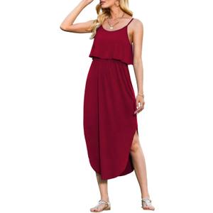 LILBETTER Women's Adjustable Strappy Split Summer Beach Casual Midi Dress (Large, 01 Red)