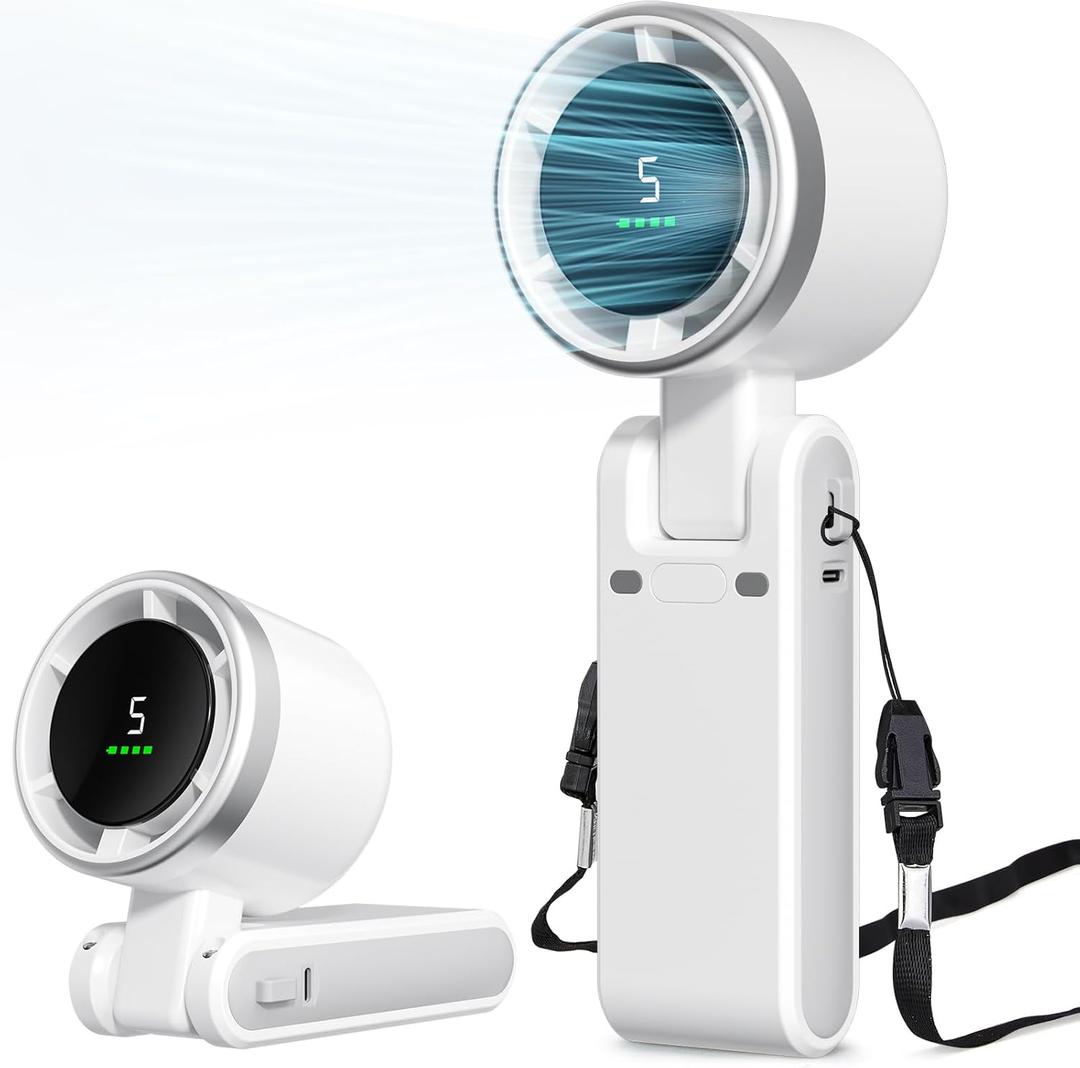 Portable Fan, Mini Fan, Handheld Turbo Fan, Portable Rechargeable Fan, 5-Speed, LED Display, Foldable Design (White)
